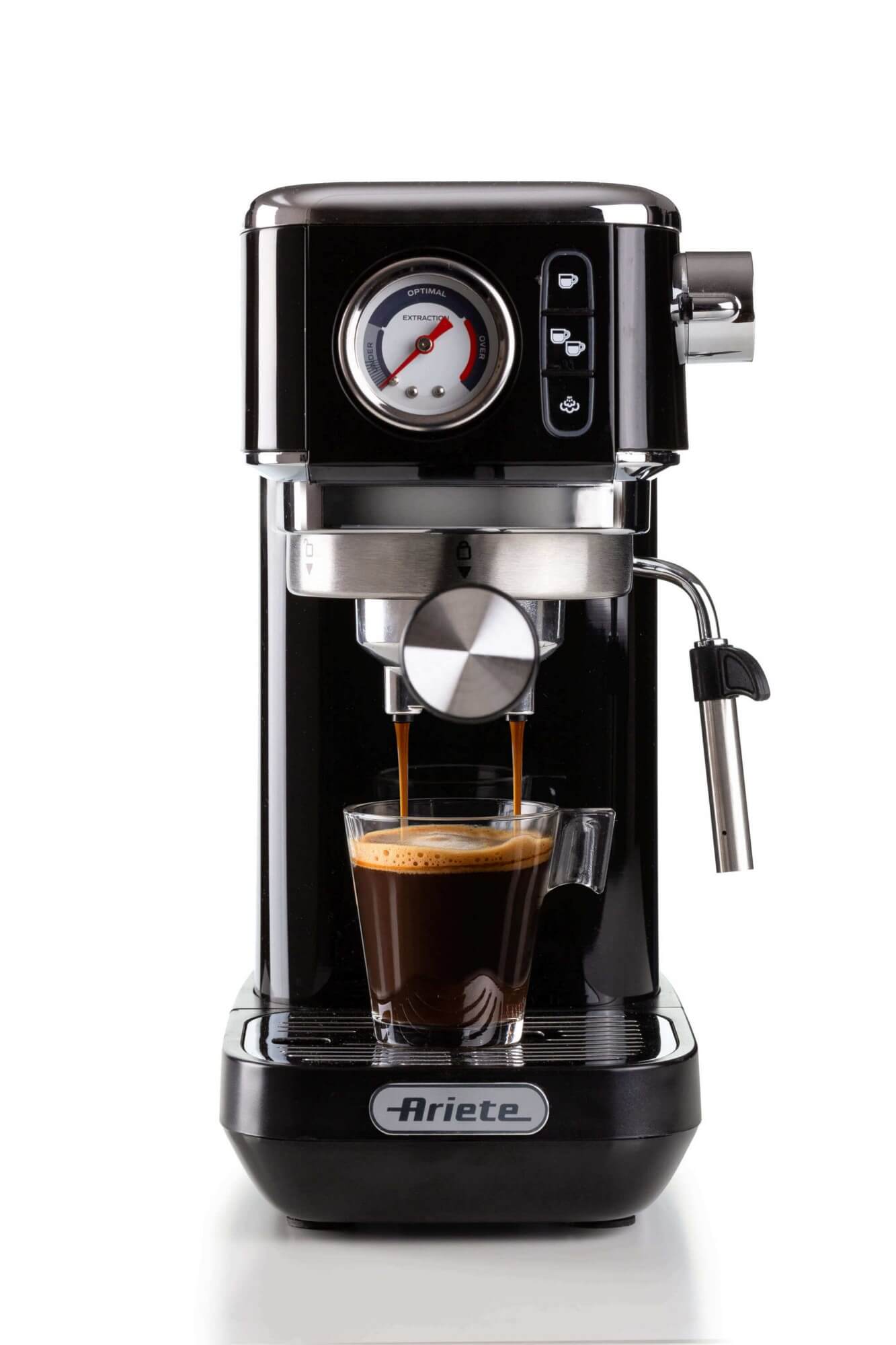Ariete 1381 Coffee machine with pressure gauge, compatible with ground coffee and ESE pods, 1300 W, 1.1 L capacity, 15 bar pressure, ½ cup filter, Cappuccino device, Black