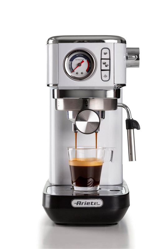 Ariete 1381 Coffee machine with pressure gauge, compatible with ground coffee and ESE pods, 1300 W, 1.1 L capacity, 15 bar pressure, ½ cup filter, Cappuccino device, White