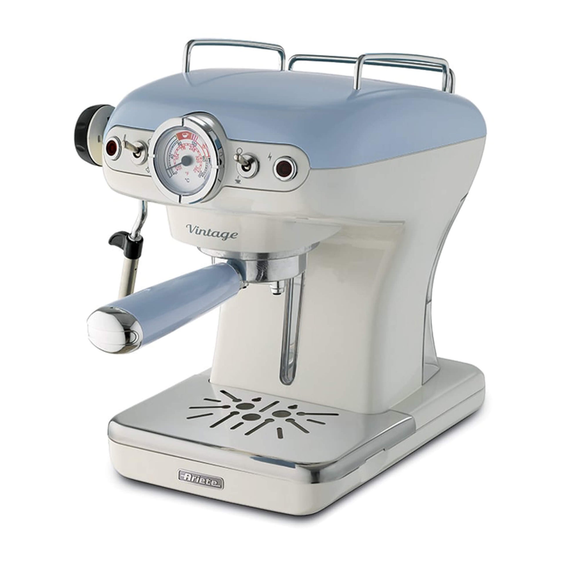 Ariete 1389 Vintage Espresso Coffee Machine - Espresso coffee machine for ground coffee or ESE pods, in a pastel blue colour