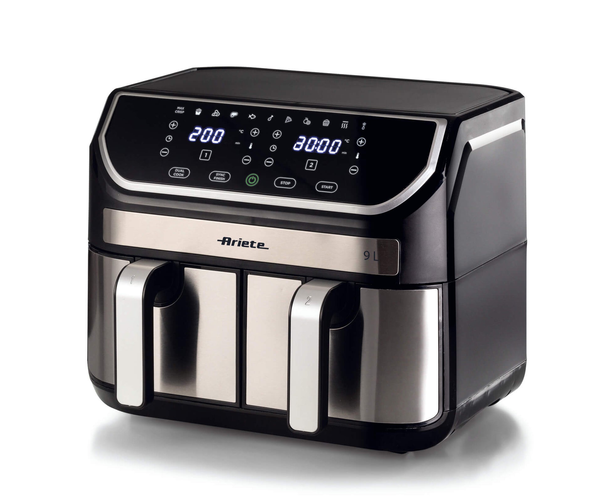 Ariete 4625 Air Fryer Dual 9L, 2100W, 9L Capacity, Double Basket, 3.6kg Cooking Capacity, 11 Preset Programs, Max Crisp Function, Temperature up to 200°, Non-stick Basket with Grill, Black/Silver