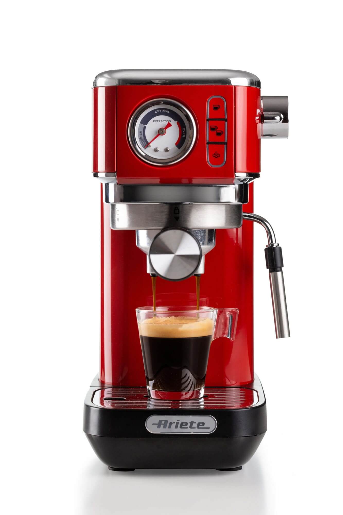 Ariete 1381 Coffee machine with pressure gauge, compatible with ground coffee and ESE pods, 1300 W, 1.1 L capacity, 15 bar pressure, ½ cup filter, Cappuccino device, Red